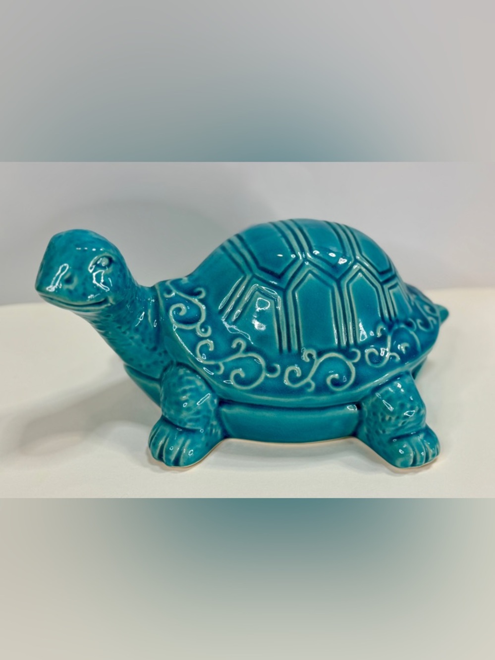 Turquoise Ceramic Turtle Figurine Coastal Beach Decor Teal Glaze 10”